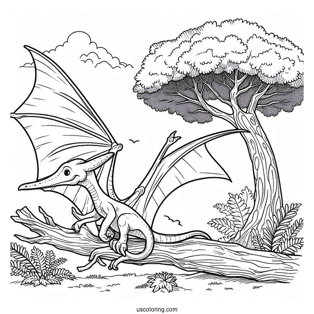 Pterodactyl Coloring Page Resting Beside Tree