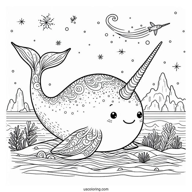 Detailed Narwhal Coloring Page In The Arctic To Color