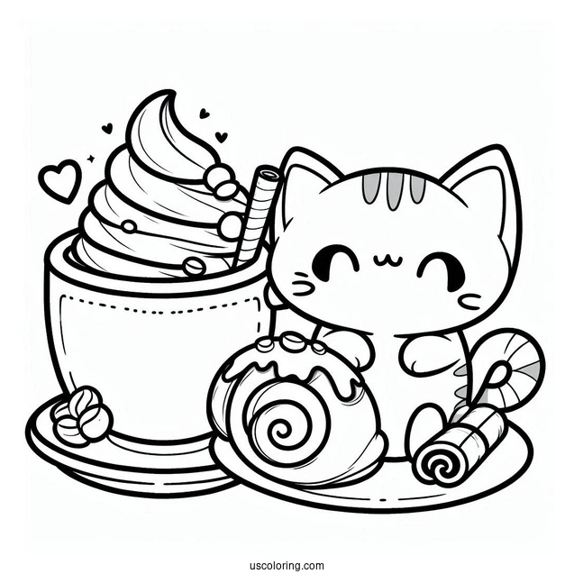 Kawaii Cat In Coffee Coloring Pages Cup With Whipped Cream And Cinnamon Rolls