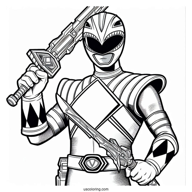 Power Ranger Holding Gun And Sword Coloring Sheet
