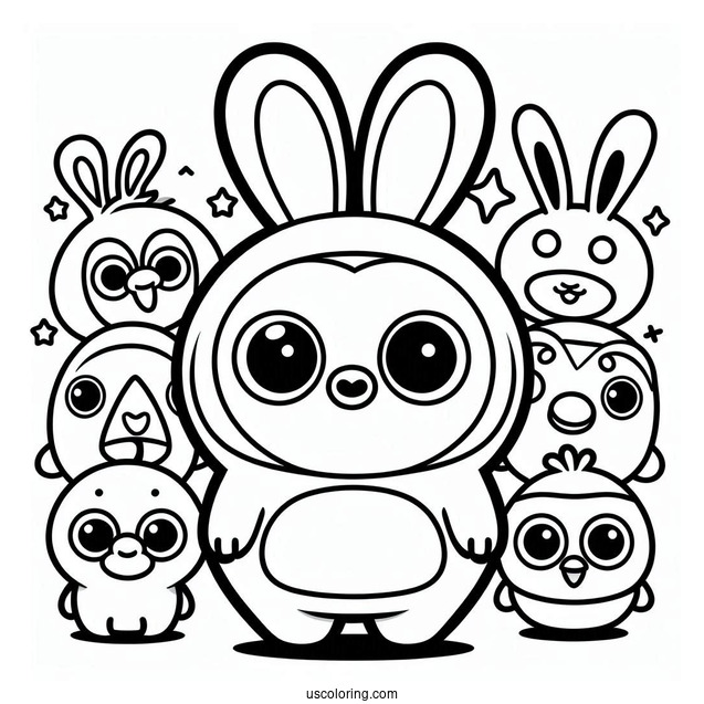 Pororo Coloring Page Surrounded By Poby, Harry, Rody, Eddy, Loopy, Petty, Crong, And Tongtong For Kids