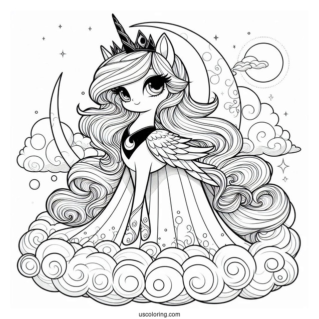 Elegant Princess Luna Coloring Page Standing On A Cloud