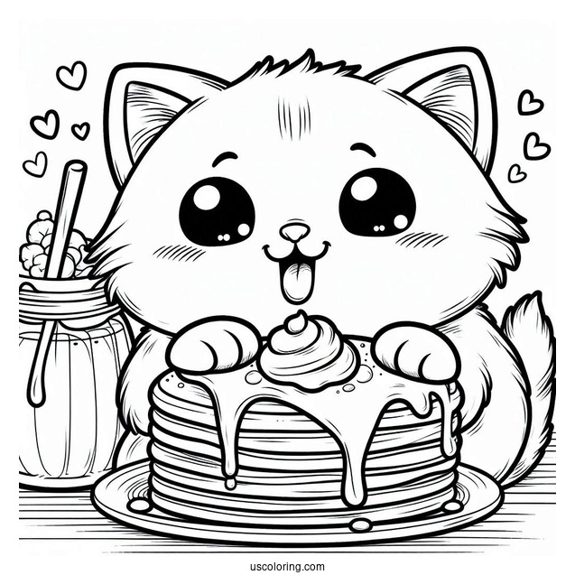 Cute Cat Drooling Over Pancake Coloring Page
