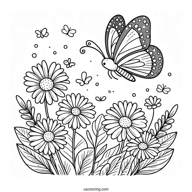 Cartoon Butterfly Hovering Above Daisies In Spring Coloring Page