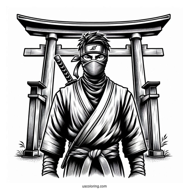 Realistic Ninja In Front Of A Torii Coloring Page