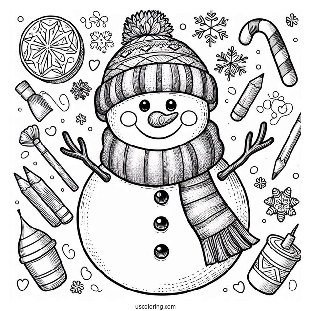 Easy To Color Snowman Wearing a Scarf
