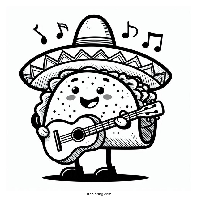 Singing Taco With A Sombrero And A Guitar Coloring Sheet