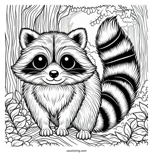 Detailed Furry Raccoon Coloring Page In A Forest