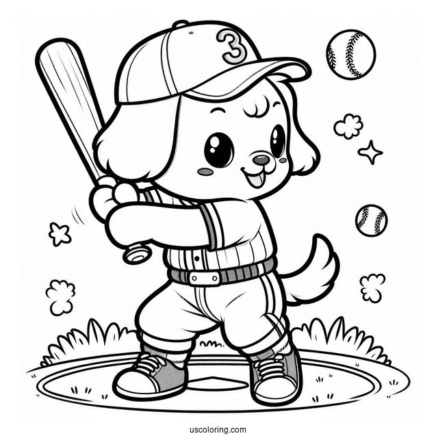 Cartoon Dog in Baseball Coloring Page Uniform Ready to Swing For Kids