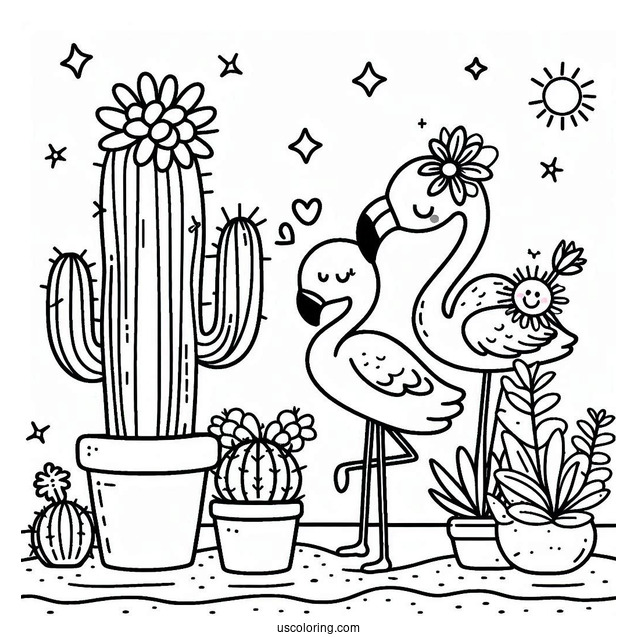 Kawaii Cactus And Flamingo To Color