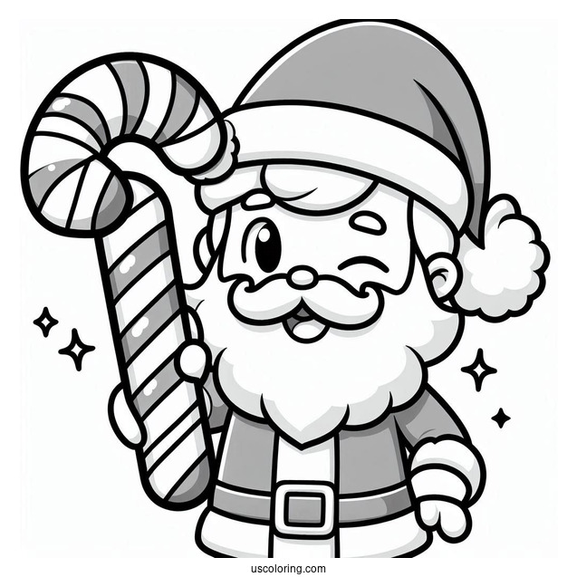 Cartoon Santa Winking While Carrying A Candy Cane Coloring Page For Kids