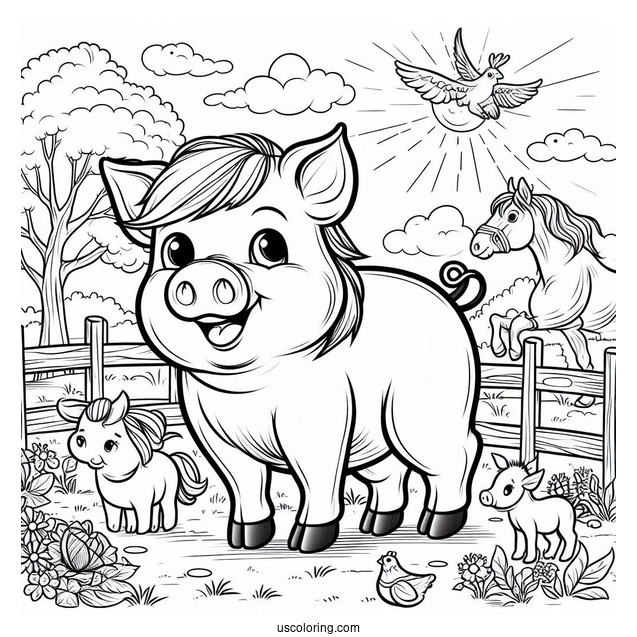 Big Farm Pig With Horse To Color