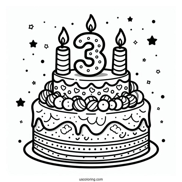 Third Birthday Cake Coloring Page For Preschoolers