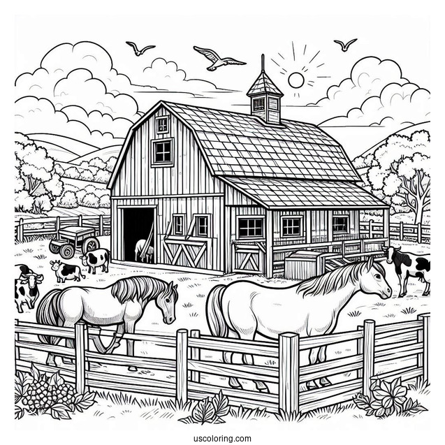Farm With Horses And Cows To Color