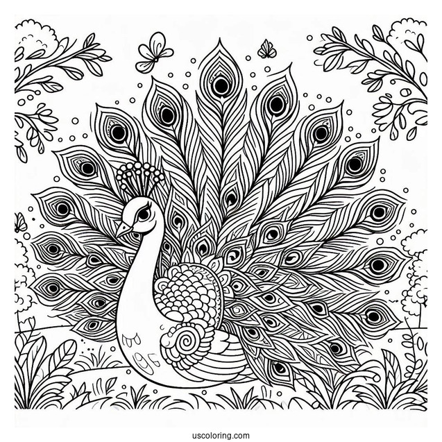 Peacock Coloring Page with Fully Fanned Tail in Forest Clearing For Adults