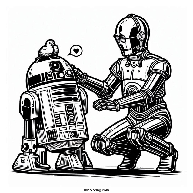 C3PO Petting R2-D2 Coloring Page