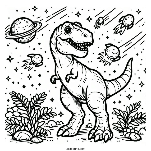 Easy To Color T-Rex Dinosaur With Astroids