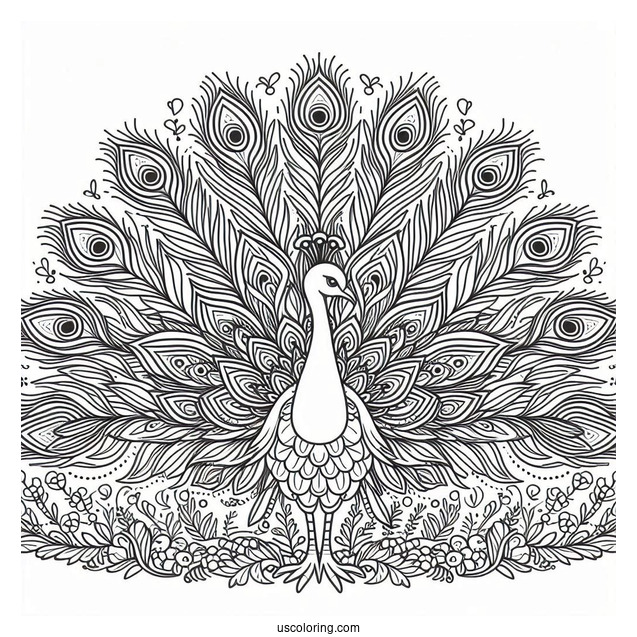 Peacock Coloring Page with Fanned Feathers by Mountain Pond