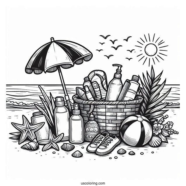 Full Page Beach Essentials Coloring Sheet
