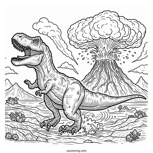 T-Rex Dinosaur Running From Volcano