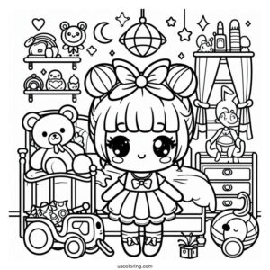Kawaii Kid's Bedroom Coloring Page Full Of Toys For Kids