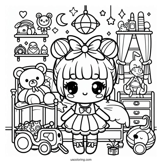 Kawaii Kid's Bedroom Coloring Page Full Of Toys For Kids