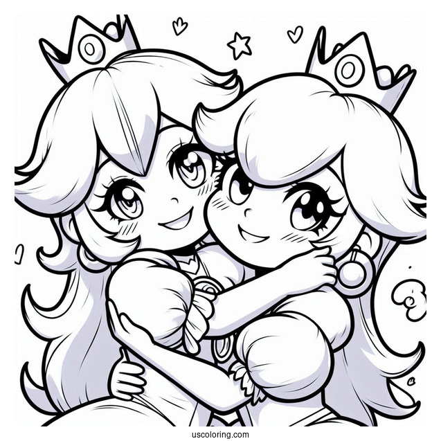 Princess Peach Hugging Princess Rosalina Coloring Page