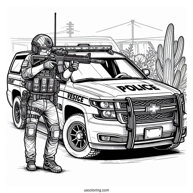Police Car Coloring Page Of Realistic SWAT Vehicle With An Armed Agent Outside