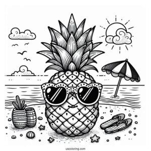Pineapple Wearing Sunglasses On Beach Coloring Page