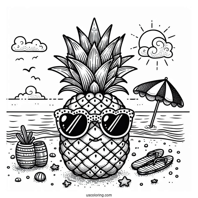 Pineapple Wearing Sunglasses On Beach Coloring Page