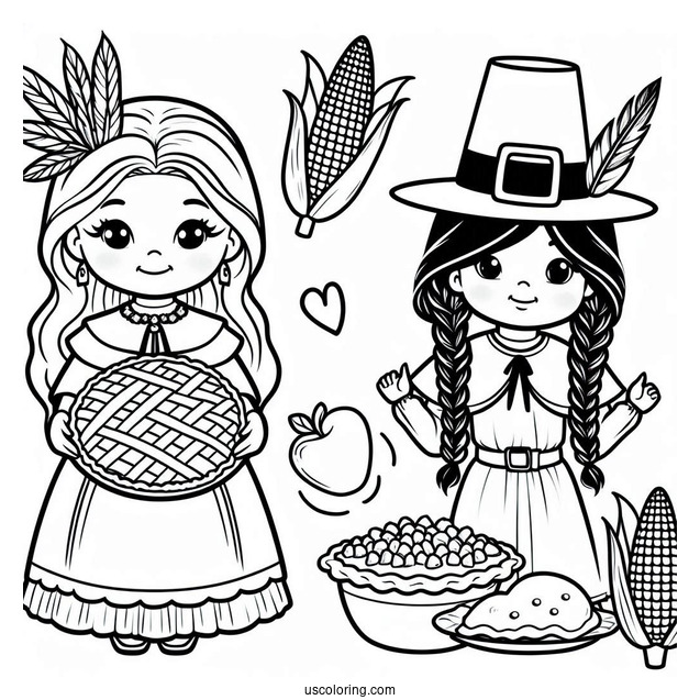 Female Pilgrim Coloring Page With A Pie And Native American With Corns