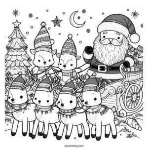 Santa And His Nine Reindeer Coloring Page