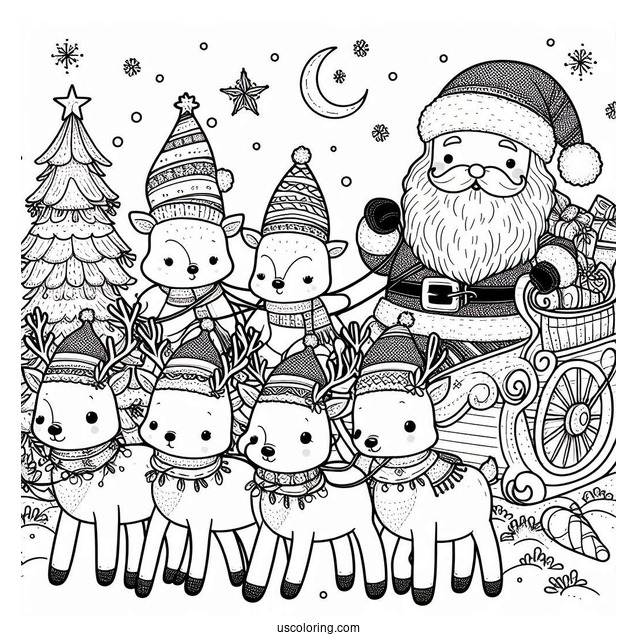 Santa And His Nine Reindeer Coloring Page