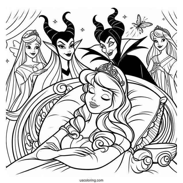 Sleeping Beauty Coloring Page With Maleficent And The Fairy Godmothers