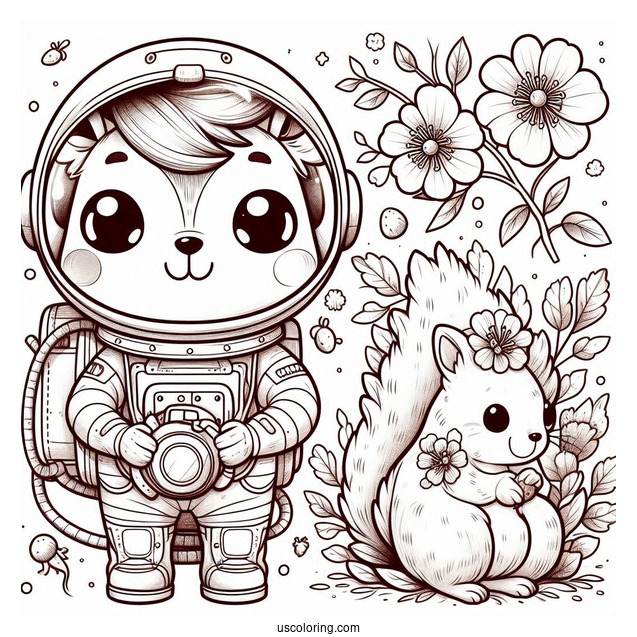 Cute Astronaut Squirrel Coloring Page With Flower And Chestnut