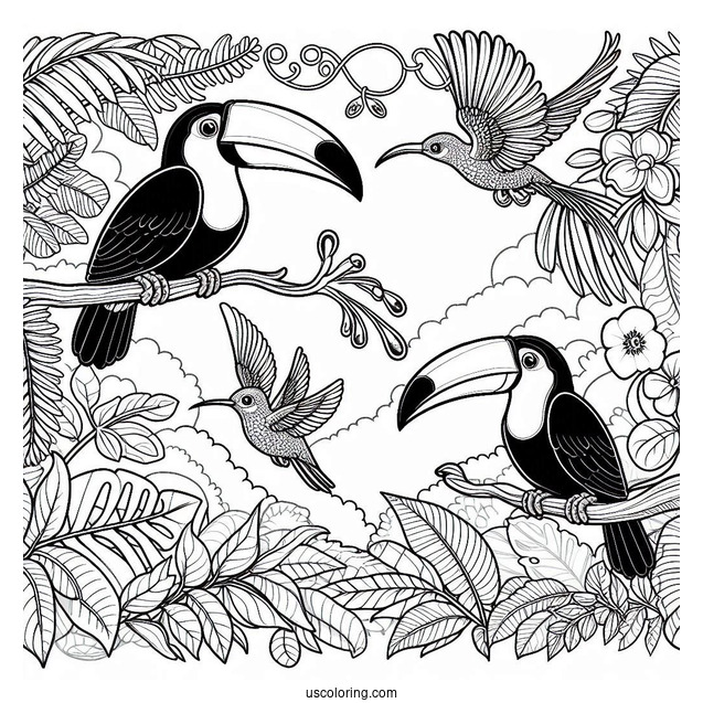 Toucans And Hummingbirds In The Jungle Coloring Page