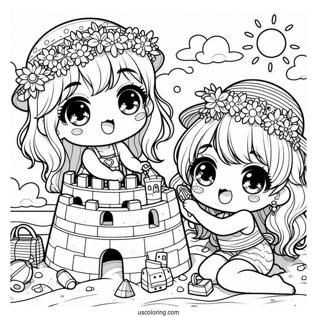Summer Coloring Page Of Cute Chibi Children Making A Sandcastle For Kids