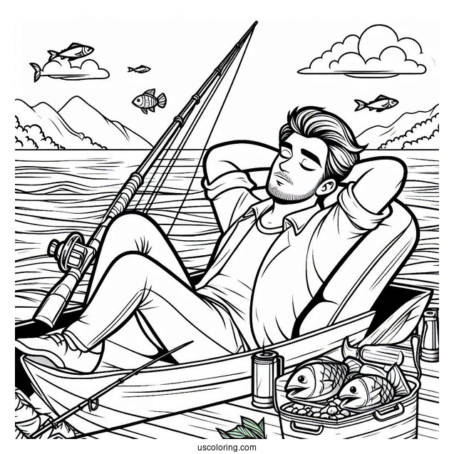 Man Sleeping On A Boat While Fishing Coloring Page In The Sea
