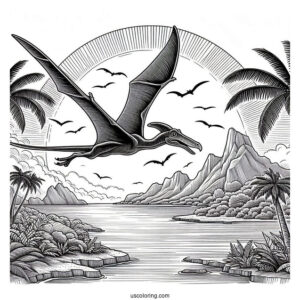 Detailed Pterodactyl Coloring Page Flying Over Island