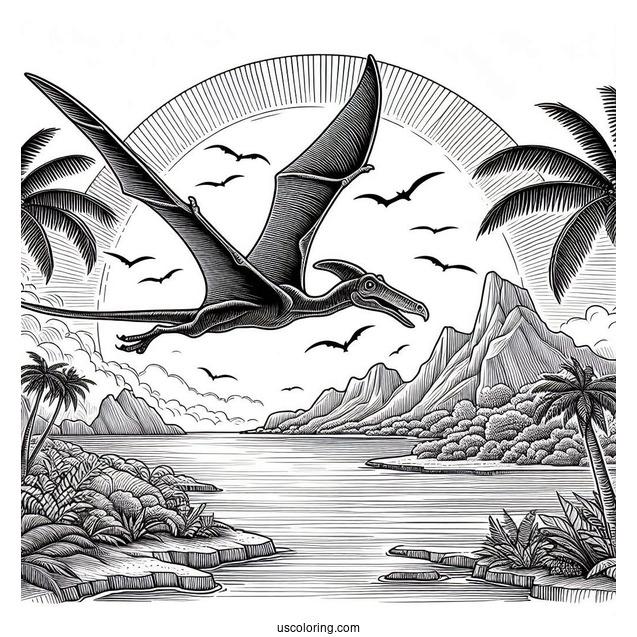 Detailed Pterodactyl Coloring Page Flying Over Island