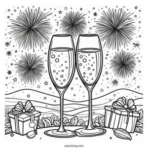 New Year Coloring Page Of Bubbly Wineglasses With Fireworks In The Background