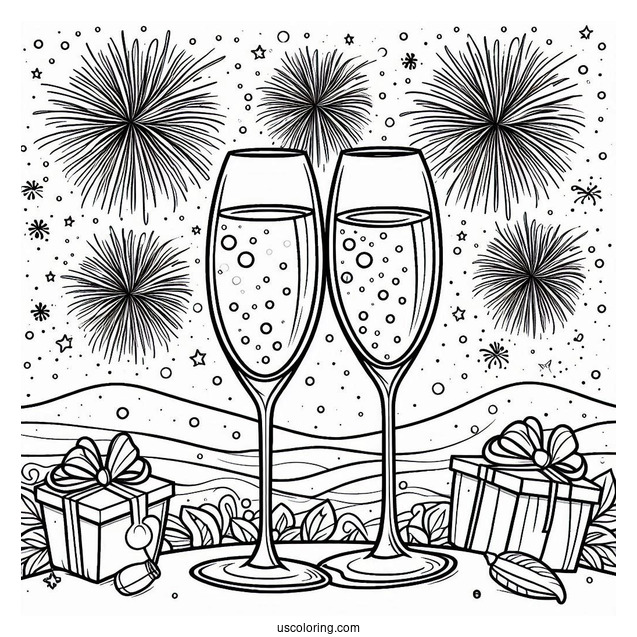 New Year Coloring Page Of Bubbly Wineglasses With Fireworks In The Background