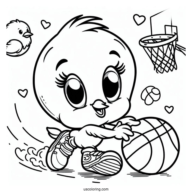 Kawaii Tweety Bird With Basketball Coloring Sheet For Preschoolers