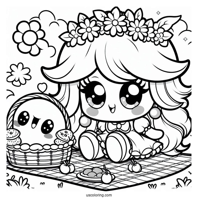 Cute Princess Daisy Coloring Page Having Picnic With Kirby