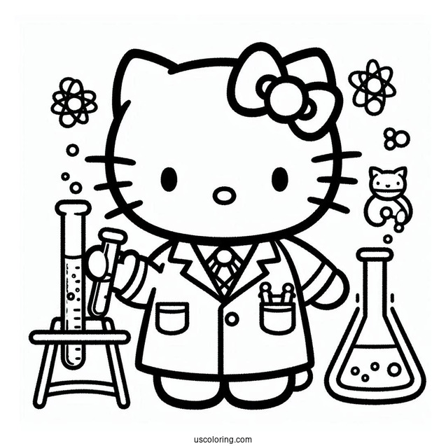 Science Coloring Page Of Hello Kitty In Laboratory Coat Holding A Flask And Test Tube For Kids
