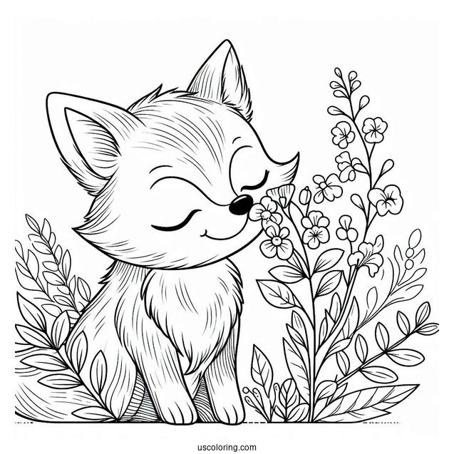 Beautiful Fox Coloring Page Smelling Flowers