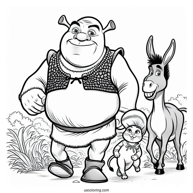 Shrek, Donkey And Puss In Boots To Color