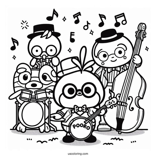 Pororo Coloring Page Playing In A Band With Harry, Crong, Eddy, And Poby