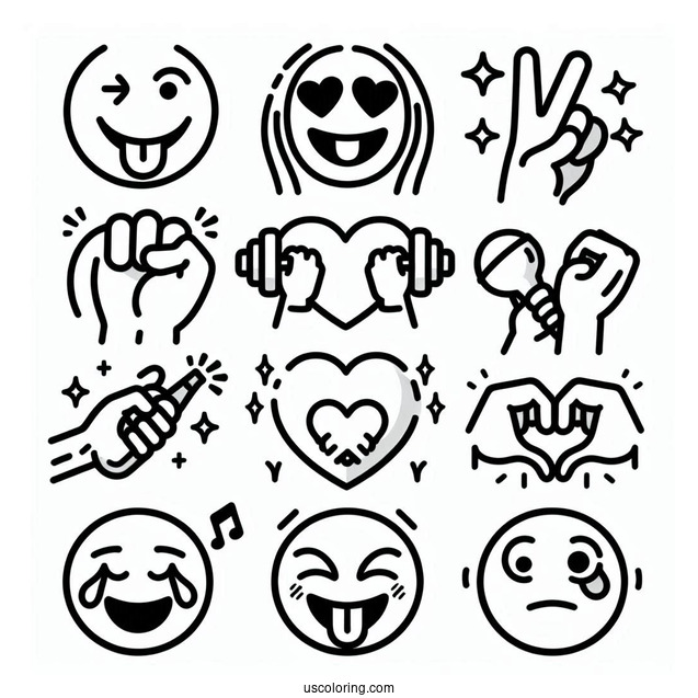 Peace Sign, Winking With Tongue, Heart Eyes, Heart, Raising Hands, Party Popper, Loudly Crying, Hundred Points, Folded Hands, Blow a Kiss, Flexed Biceps, Dizzy Face Emoji Coloring Page