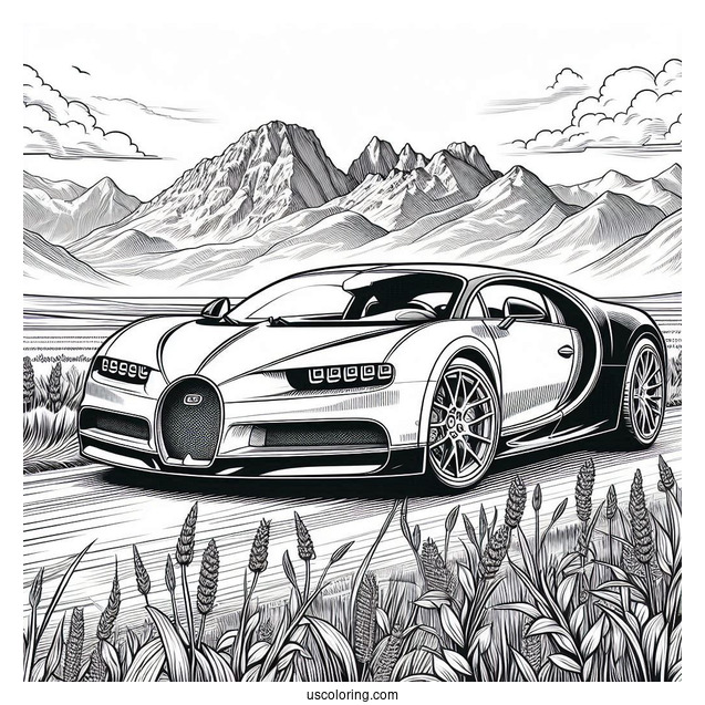 Close Up Of Bugatti Coloring Page Chiron With Mountains In Background